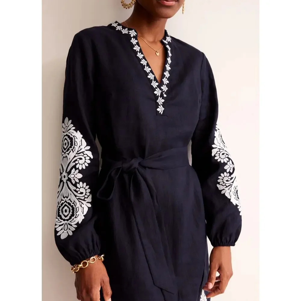 Boden Cleo Embroidered Linen Dress Navy White Long Sleeve Belted Size 14 - Picture 4 of 10